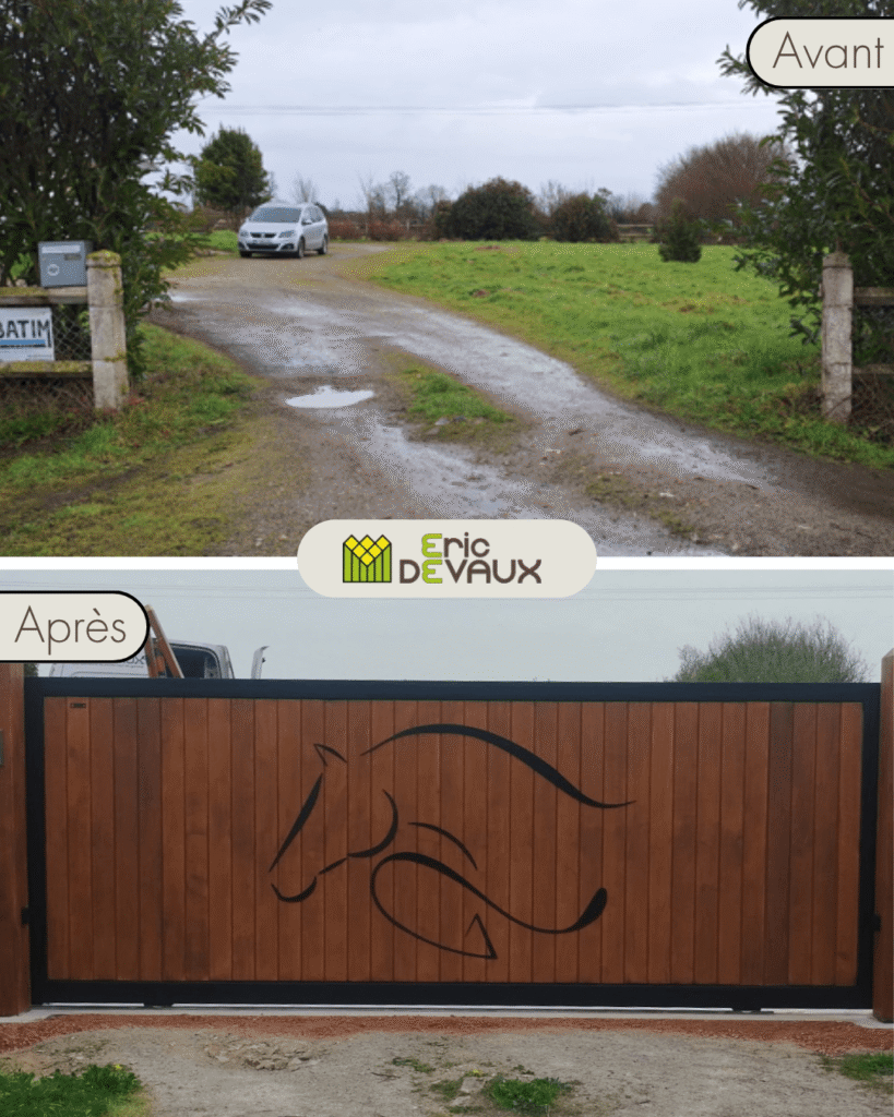 exemple d'aménagement entrée avec nouveau portail en bois